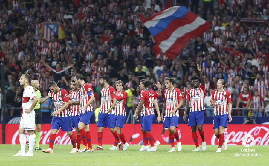 Los jugadores del Atlético celebran un gol de Thomas (Foto: LaLiga).