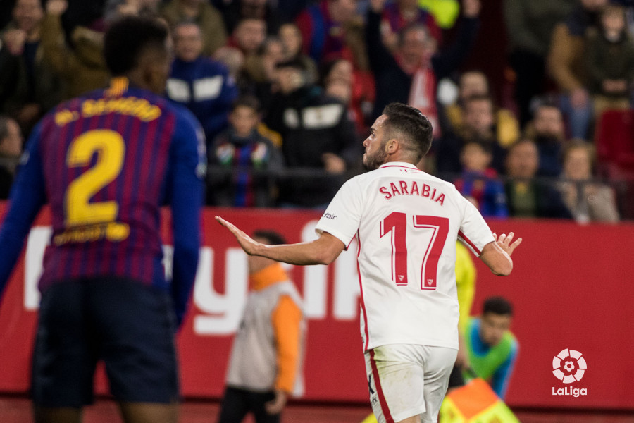 Sarabia celebra el primer gol del Sevilla (Foto: LaLiga).